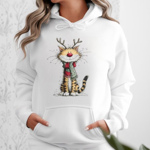 Reindeer Cat Hoodie Funny Holiday Animal Art Festive Cute Cozy Sweatshirt White - Picture 3 of 4